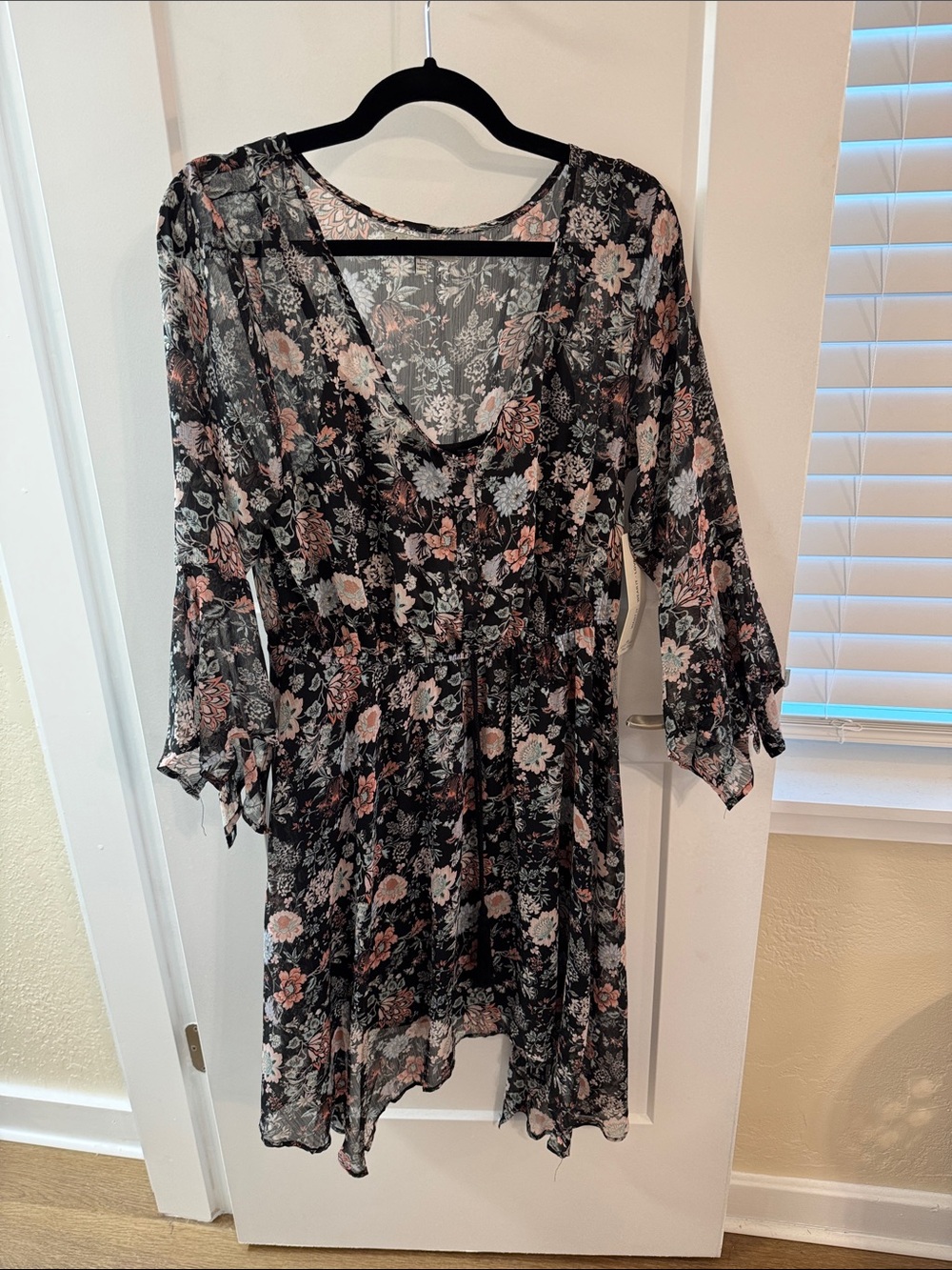 Almost Famous Black Floral Handkerchief Dress with Bell Sleeves - Boho 70s